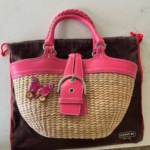 Coach Butterfly Straw Weave and Pink Leather Handbag